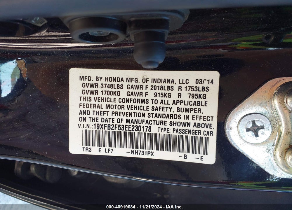 2014 HONDA CIVIC LX VIN: 19XFB2F53EE230178