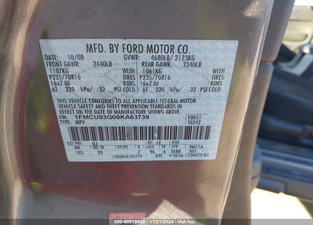 2009 FORD ESCAPE XLT VIN: 1FMCU93G09KA63739