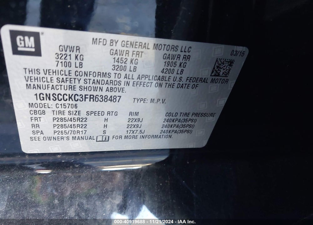 2015 CHEVROLET TAHOE LTZ VIN: 1GNSCCKC3FR638487