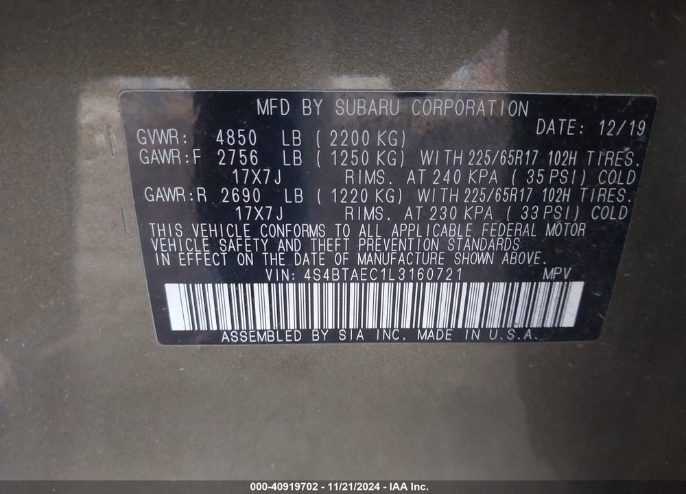 2020 SUBARU OUTBACK PREMIUM VIN: 4S4BTAEC1L3160721