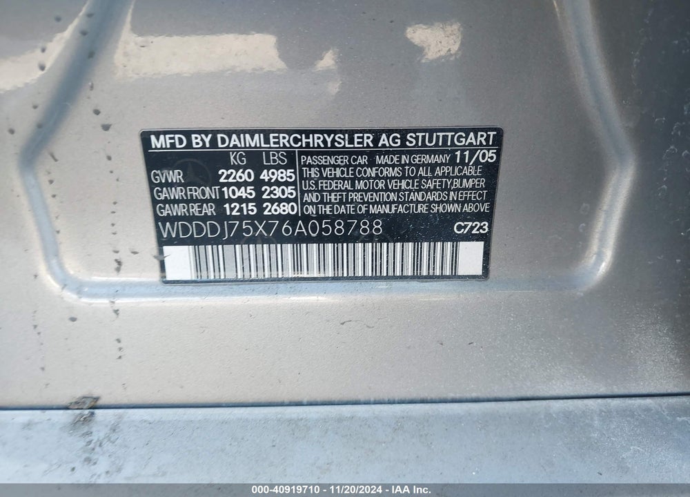 2006 MERCEDES-BENZ CLS 500 VIN: WDDDJ75X76A058788