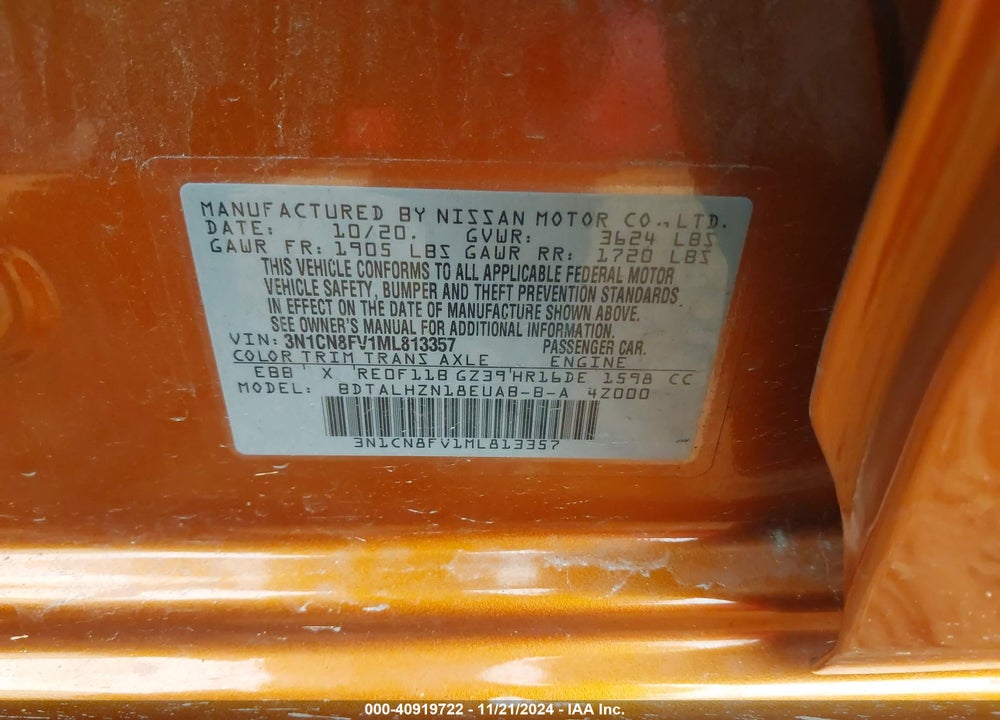 2021 NISSAN VERSA VIN: 3N1CN8FV1ML813357
