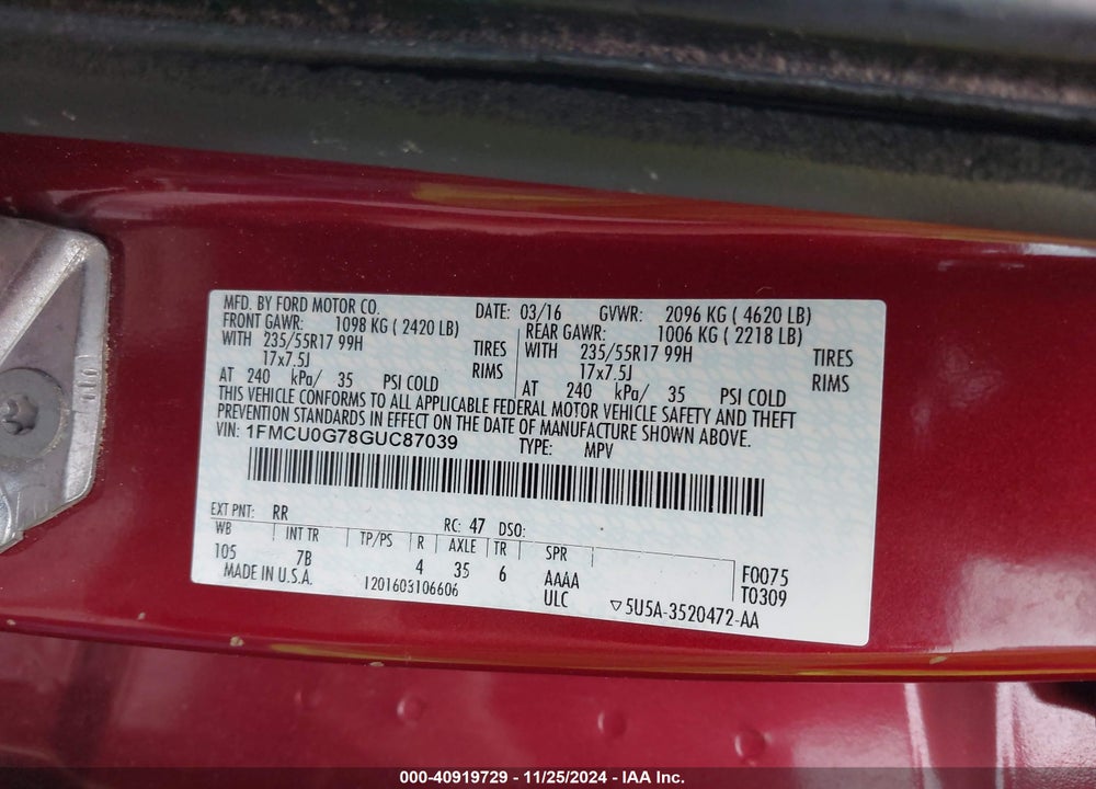 2016 FORD ESCAPE SE VIN: 1FMCU0G78GUC87039