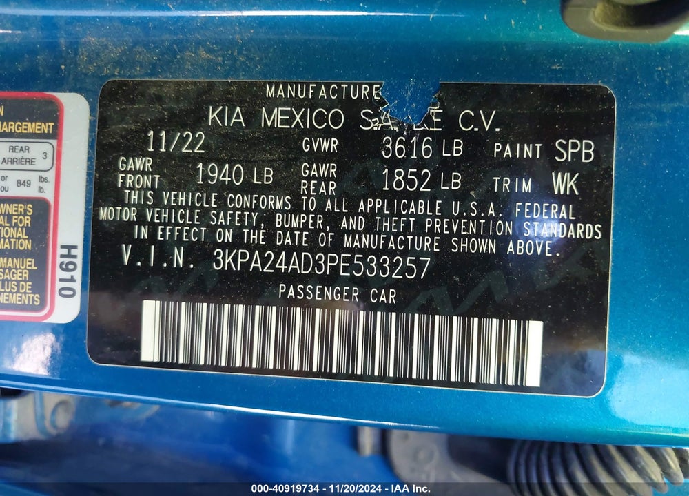 2023 KIA RIO S VIN: 3KPA24AD3PE533257