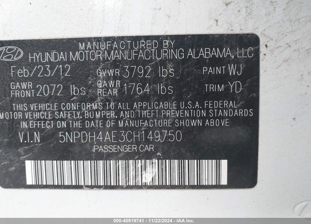 2012 HYUNDAI ELANTRA GLS VIN: 5NPDH4AE3CH149750