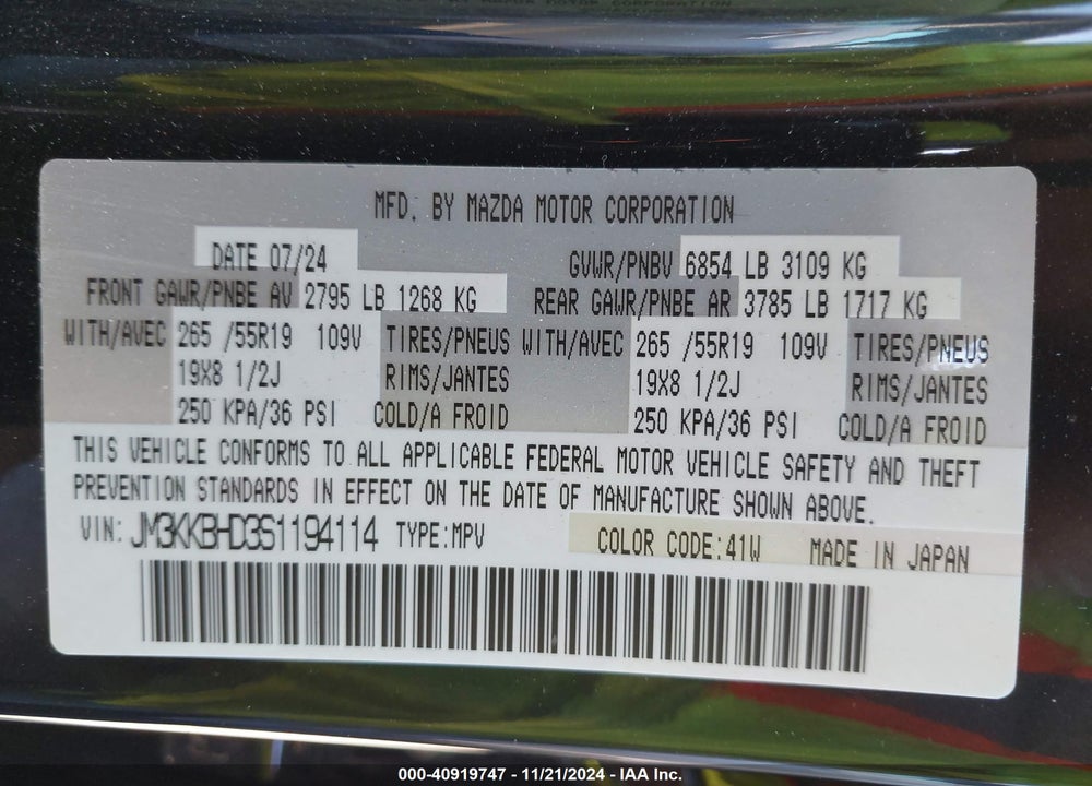 2025 MAZDA CX-90 3.3 TURBO PREFERRED PACKAGE VIN: JM3KKBHD3S1194114