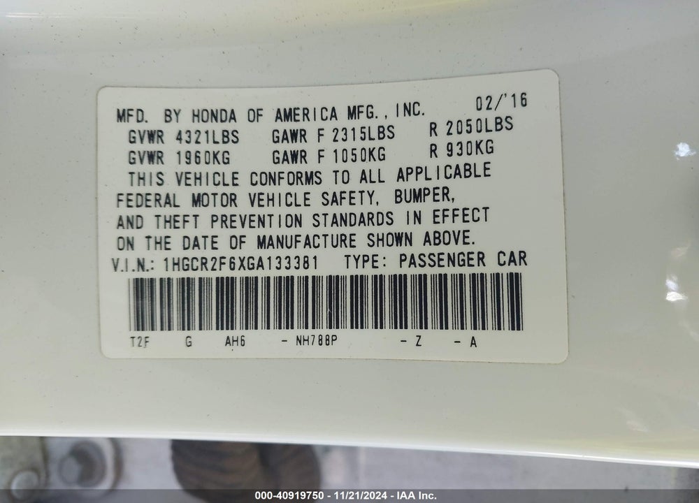 2016 HONDA ACCORD SPORT VIN: 1HGCR2F6XGA133381