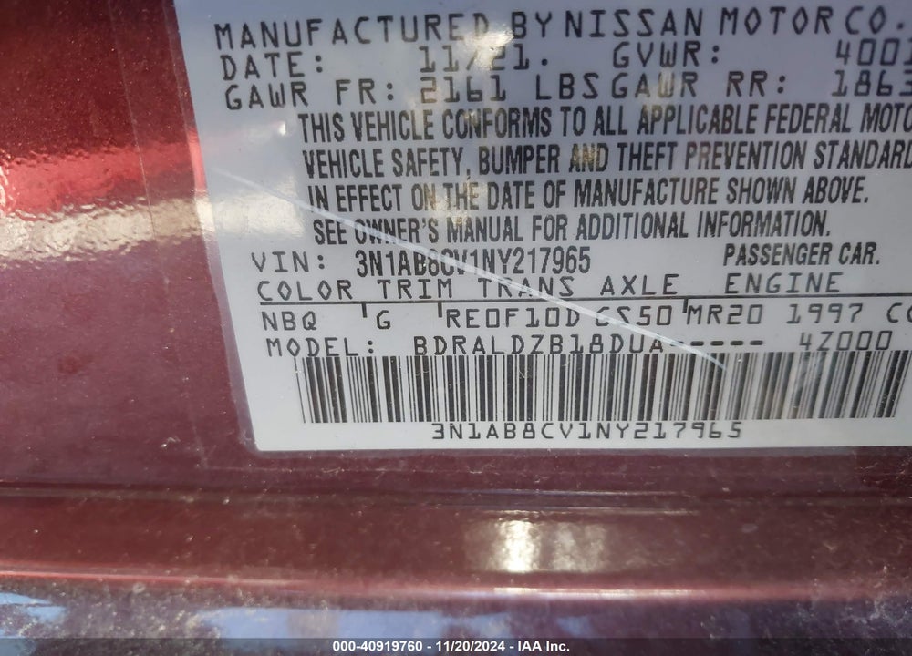 2022 NISSAN SENTRA SV XTRONIC CVT VIN: 3N1AB8CV1NY217965