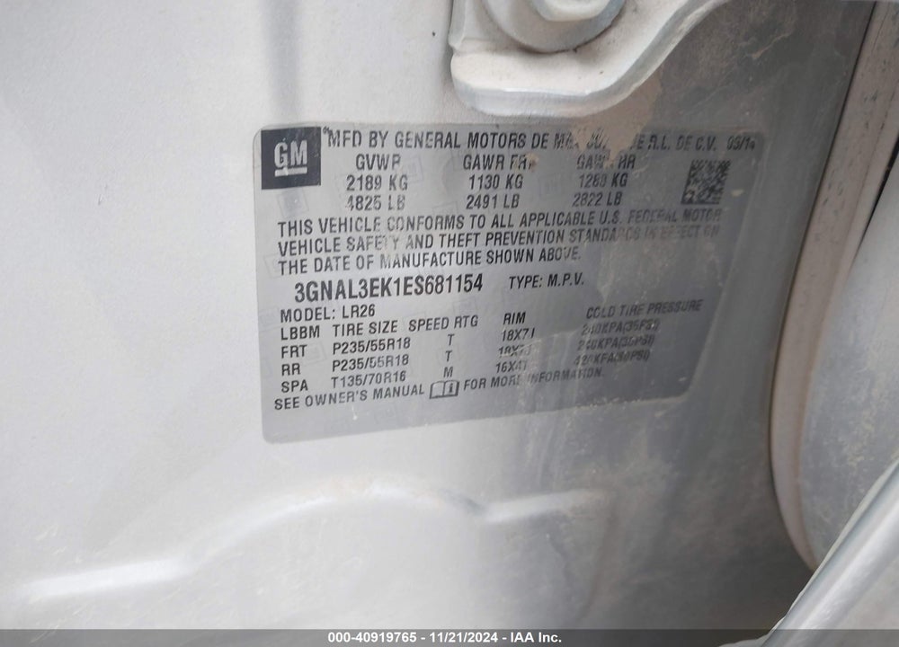 2014 CHEVROLET CAPTIVA SPORT LT VIN: 3GNAL3EK1ES681154