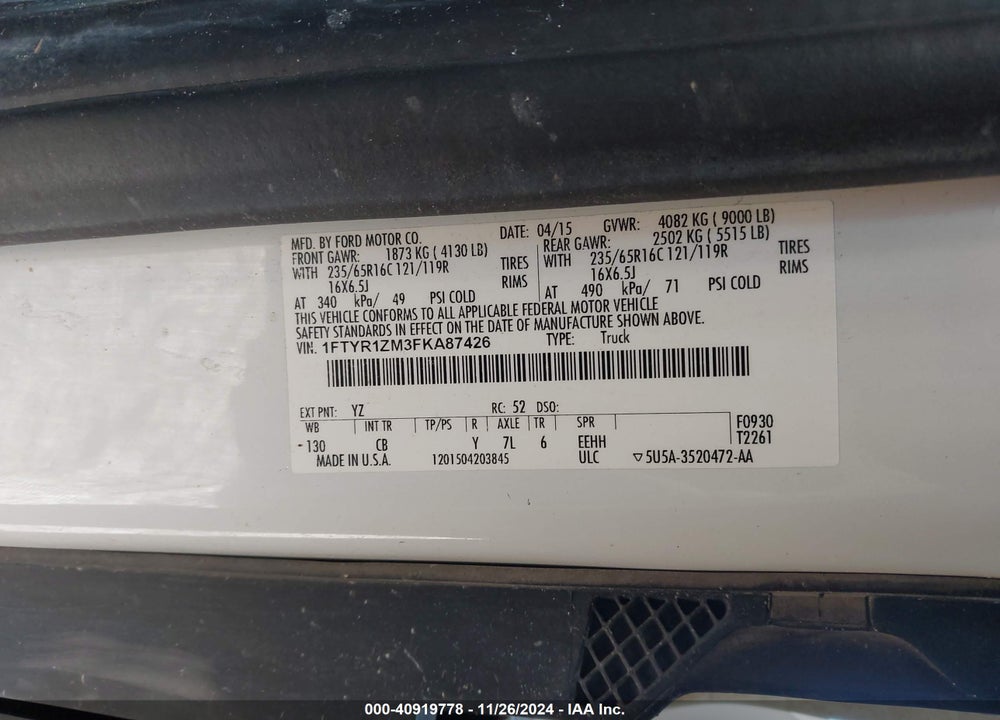 2015 FORD TRANSIT-250 VIN: 1FTYR1ZM3FKA87426