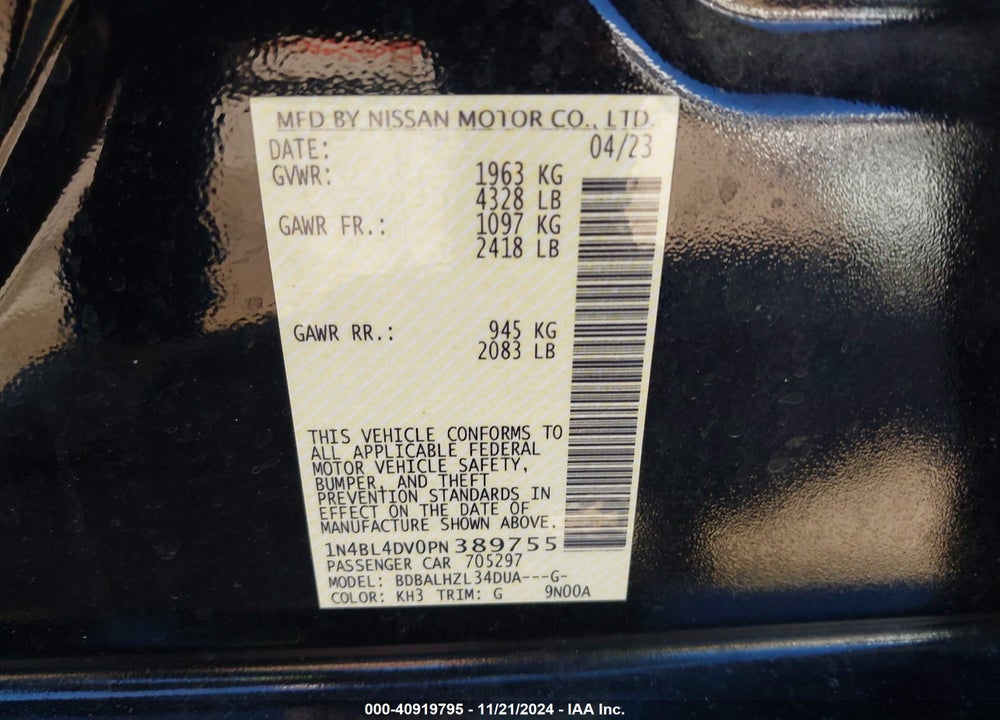 2023 NISSAN ALTIMA SV FWD VIN: 1N4BL4DV0PN389755