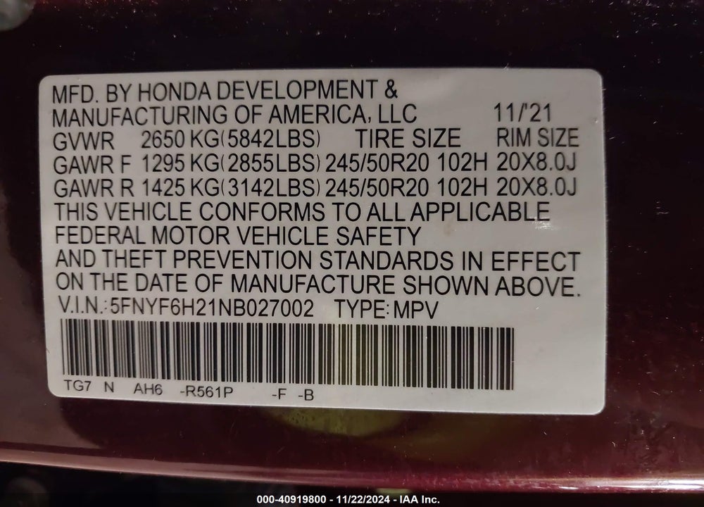 2022 HONDA PILOT AWD SPECIAL EDITION VIN: 5FNYF6H21NB027002