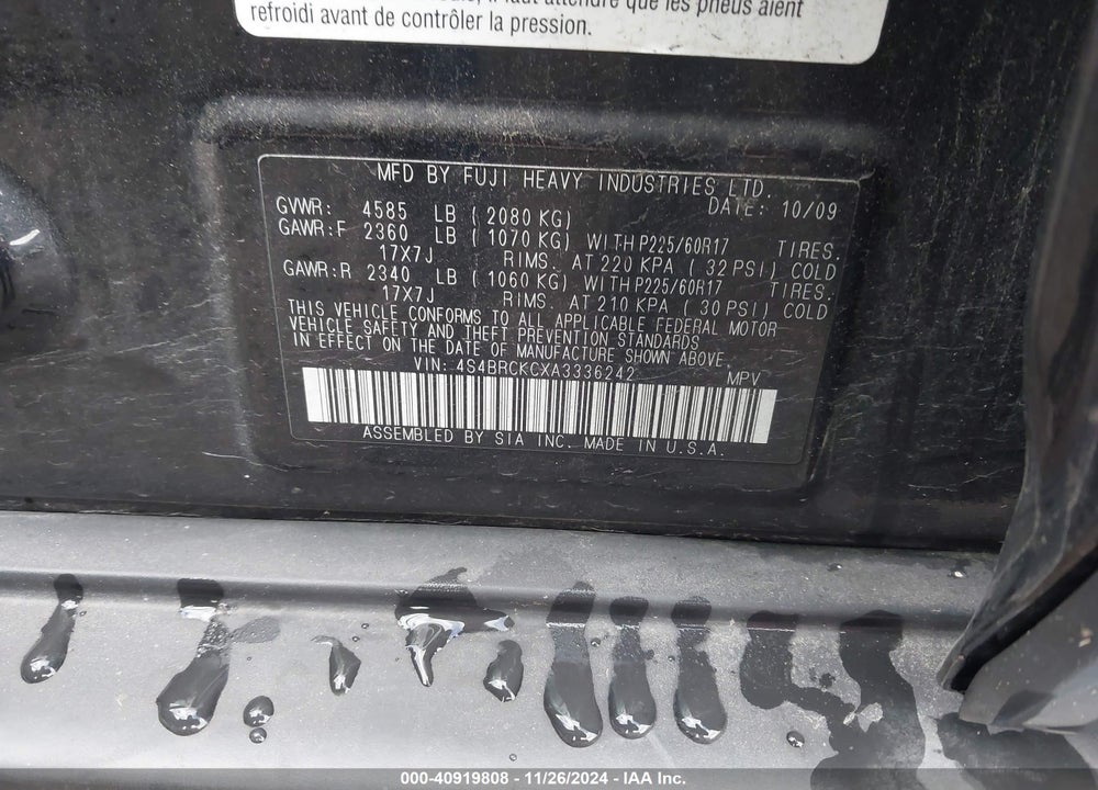 2010 SUBARU OUTBACK 2.5I LIMITED VIN: 4S4BRCKCXA3336242