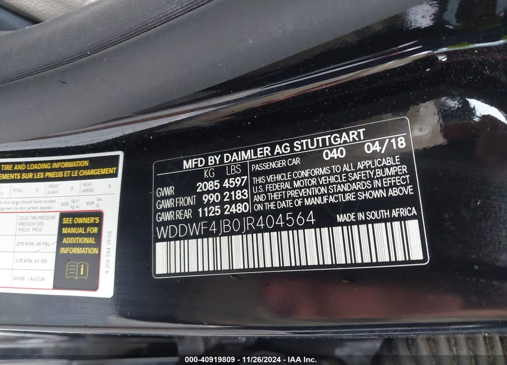 2018 MERCEDES-BENZ C 300 VIN: WDDWF4JB0JR404564