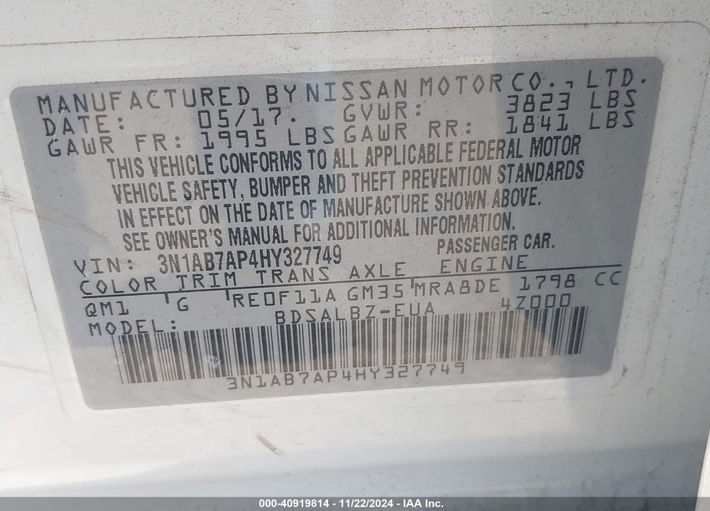2017 NISSAN SENTRA S VIN: 3N1AB7AP4HY327749