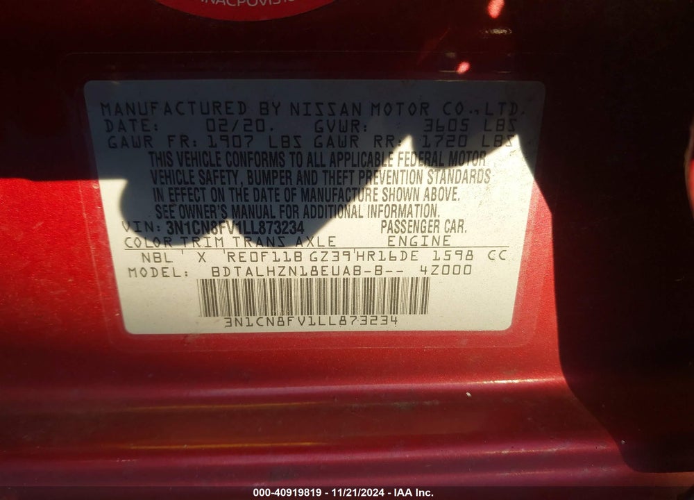 2020 NISSAN VERSA VIN: 3N1CN8FV1LL873234