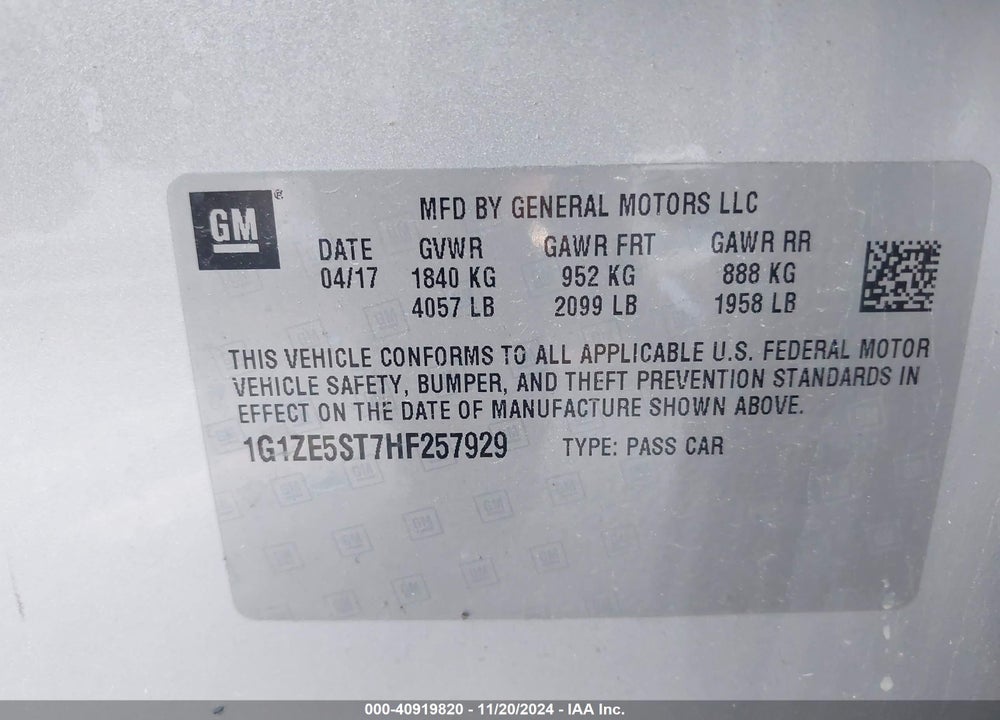 2017 CHEVROLET MALIBU 1LT VIN: 1G1ZE5ST7HF257929