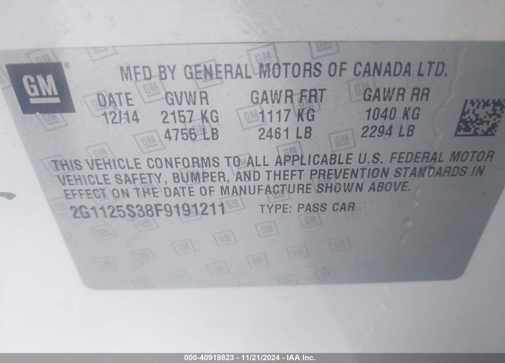 2015 CHEVROLET IMPALA 2LT VIN: 2G1125S38F9191211