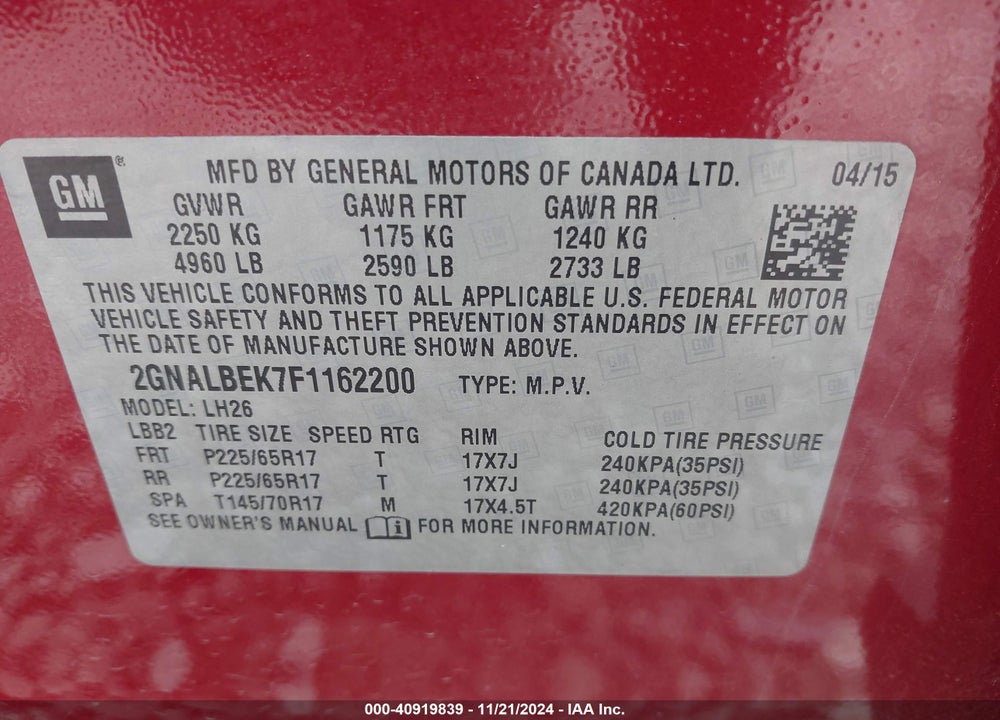 2015 CHEVROLET EQUINOX 1LT VIN: 2GNALBEK7F1162200