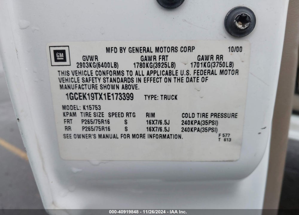 2001 CHEVROLET SILVERADO 1500 LT VIN: 1GCEK19TX1E173399