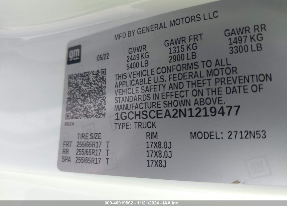 2022 CHEVROLET COLORADO VIN: 1GCHSCEA2N1219477