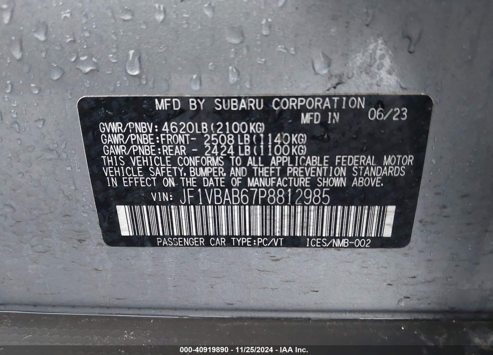2023 SUBARU WRX VIN: JF1VBAB67P8812985