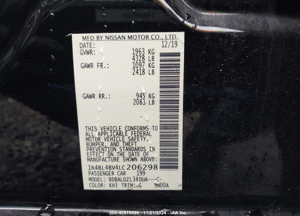 2020 NISSAN ALTIMA S FWD VIN: 1N4BL4BV4LC206298