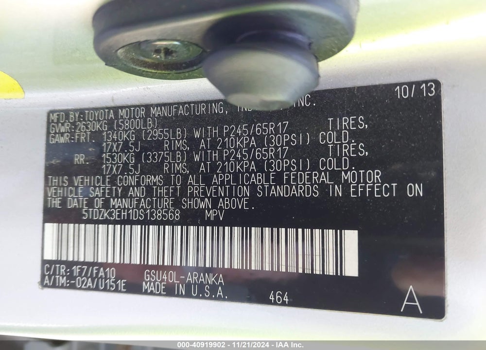 2013 TOYOTA HIGHLANDER BASE PLUS V6 VIN: 5TDZK3EH1DS138568