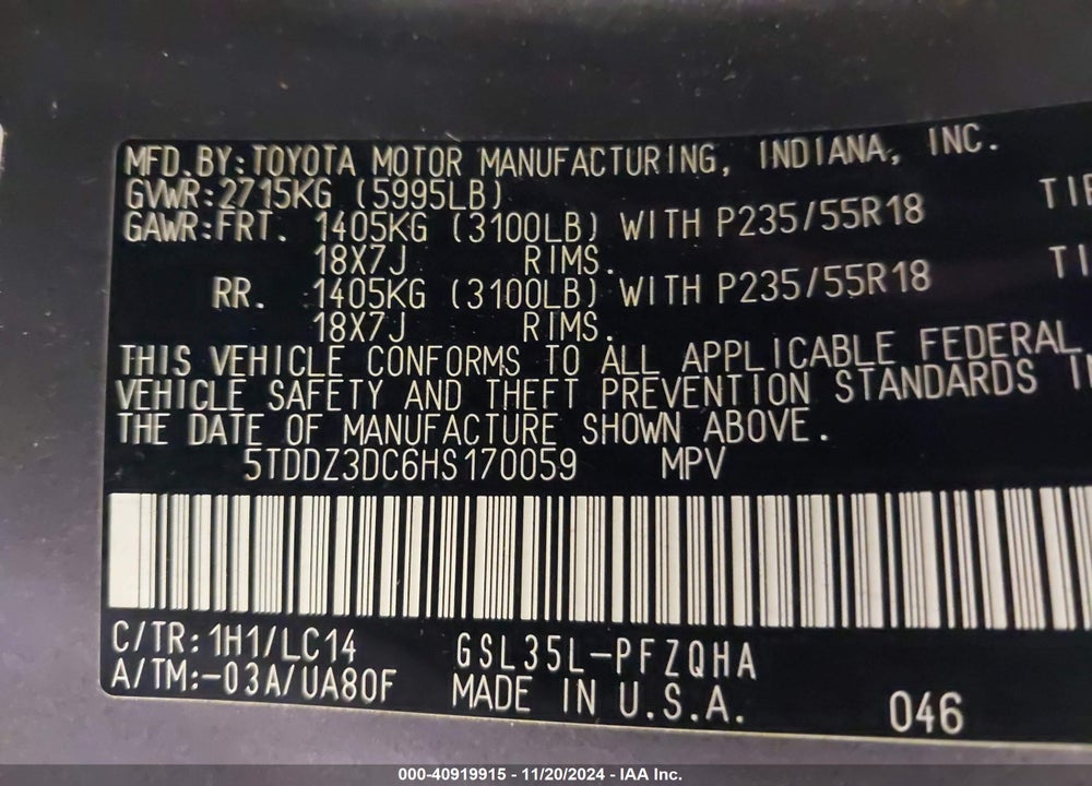 2017 TOYOTA SIENNA XLE LIMITED VIN: 5TDDZ3DC6HS170059