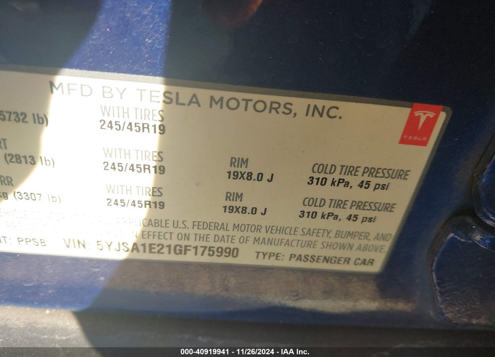 2016 TESLA MODEL S VIN: 5YJSA1E21GF175990