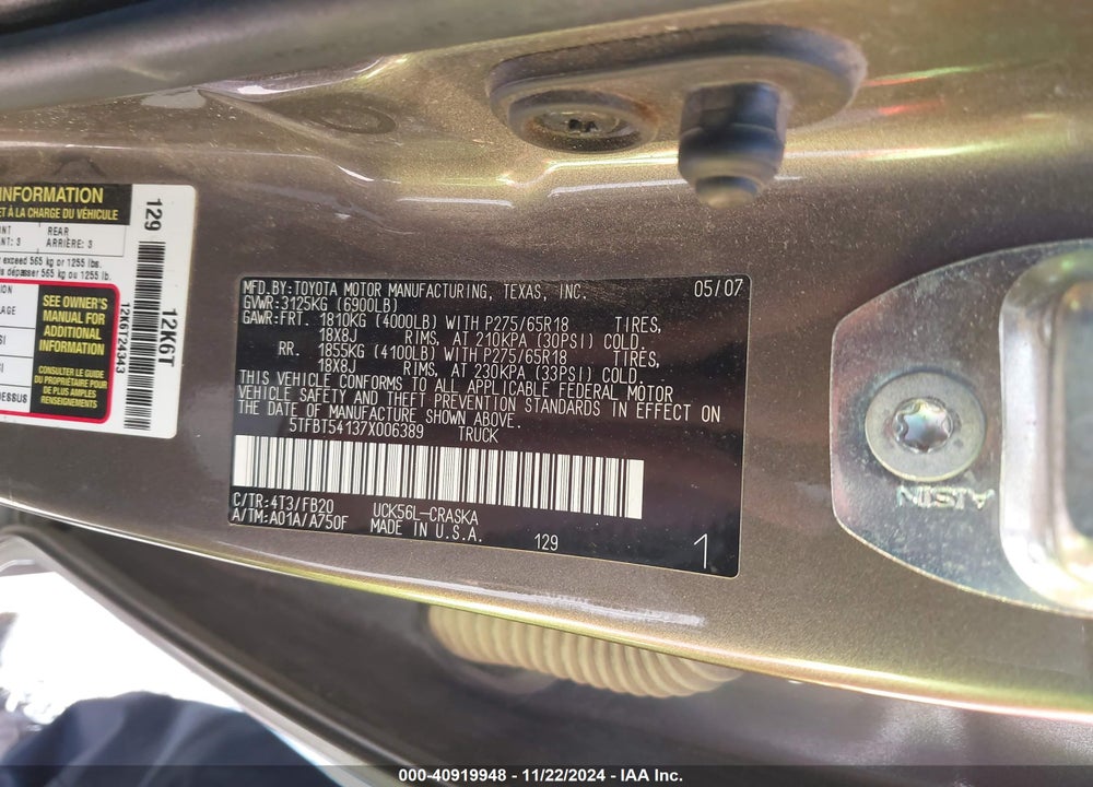 2007 TOYOTA TUNDRA SR5 4.7L V8 VIN: 5TFBT54137X006389