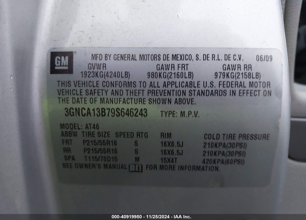 2009 CHEVROLET HHR LS VIN: 3GNCA13B79S646243