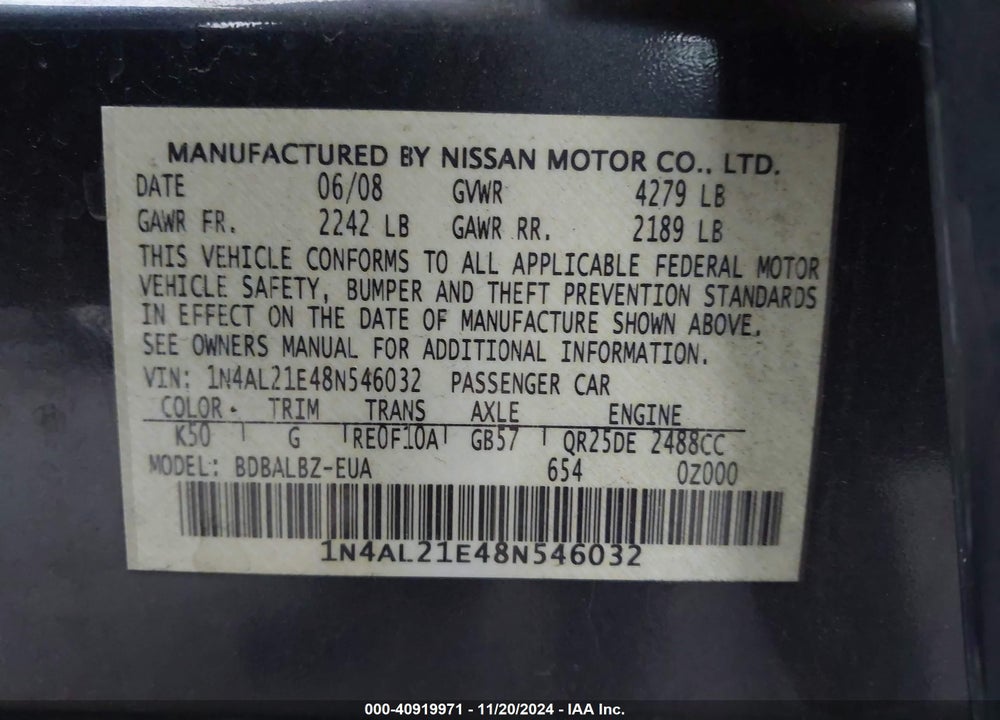 2008 NISSAN ALTIMA 2.5 S VIN: 1N4AL21E48N546032