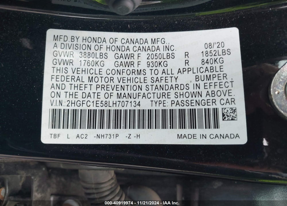 2020 HONDA CIVIC SI SEDAN VIN: 2HGFC1E58LH707134