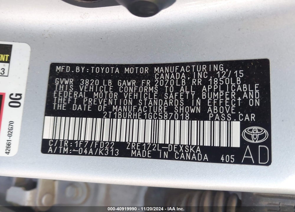 2016 TOYOTA COROLLA S VIN: 2T1BURHE1GC587018