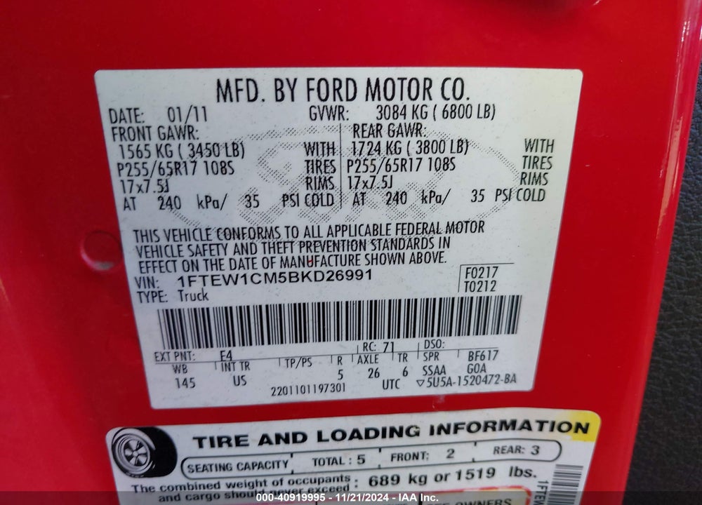 2011 FORD F-150 XLT VIN: 1FTEW1CM5BKD26991