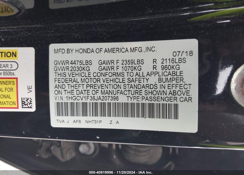 2018 HONDA ACCORD SPORT VIN: 1HGCV1F36JA207396