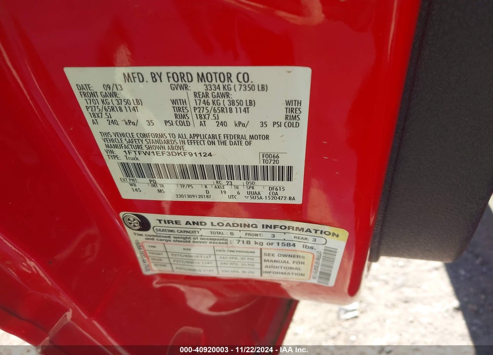 2013 FORD F-150 XLT VIN: 1FTFW1EF3DKF91124