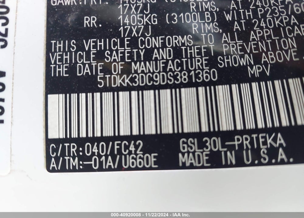 2013 TOYOTA SIENNA LE V6 8 PASSENGER VIN: 5TDKK3DC9DS381360