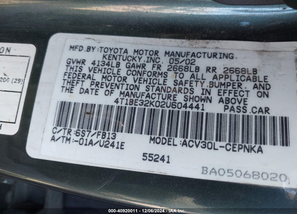 2002 TOYOTA CAMRY LE VIN: 4T1BE32K02U604441