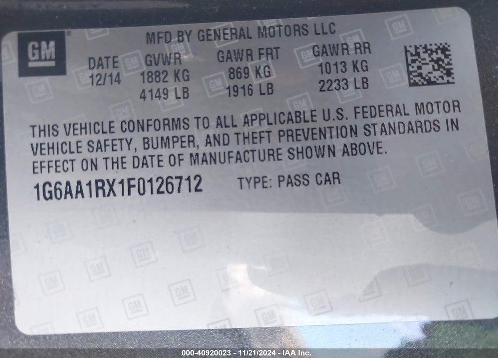 2015 CADILLAC ATS STANDARD VIN: 1G6AA1RX1F0126712