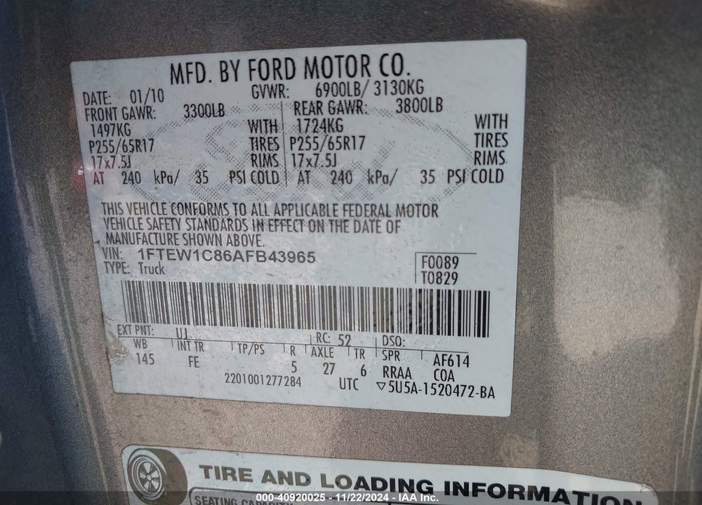 2010 FORD F-150 FX2 SPORT/XL/XLT VIN: 1FTEW1C86AFB43965