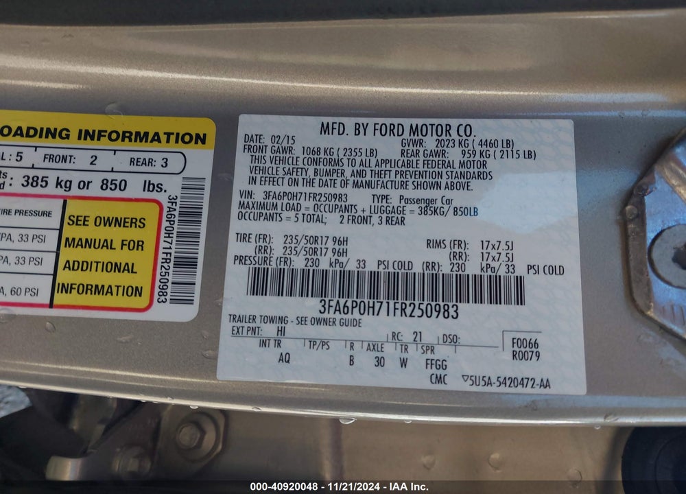 2015 FORD FUSION SE VIN: 3FA6P0H71FR250983