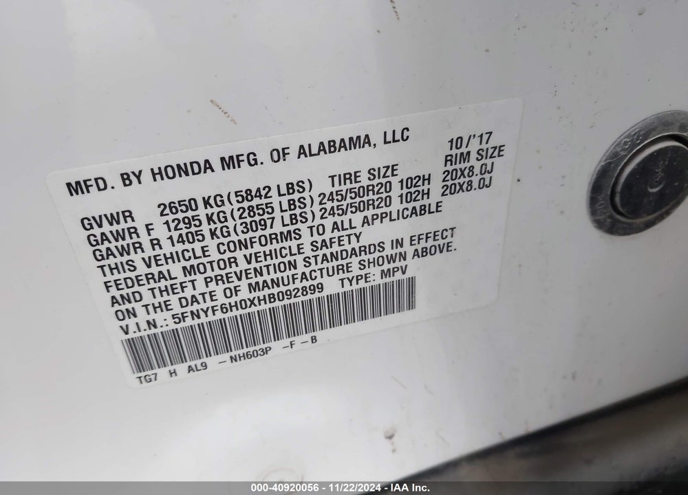 2017 HONDA PILOT ELITE VIN: 5FNYF6H0XHB092899
