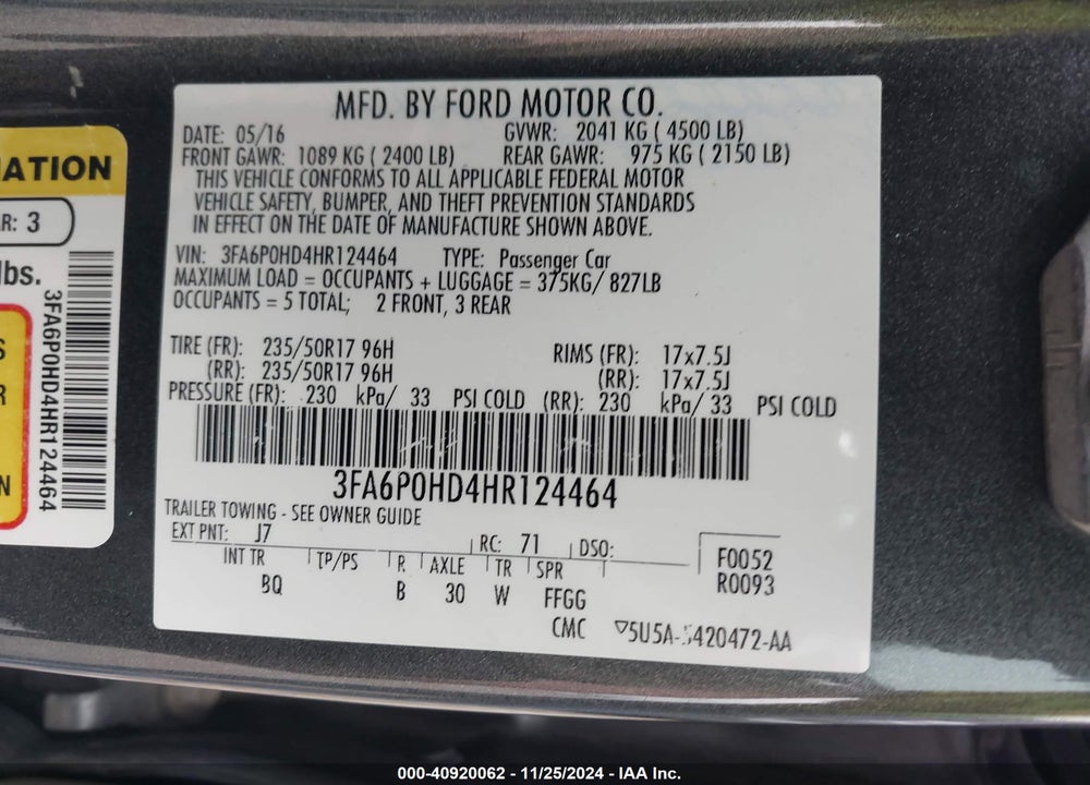 2017 FORD FUSION SE VIN: 3FA6P0HD4HR124464