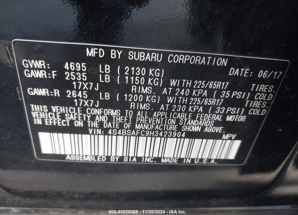 2017 SUBARU OUTBACK 2.5I PREMIUM VIN: 4S4BSAFC9H3423904