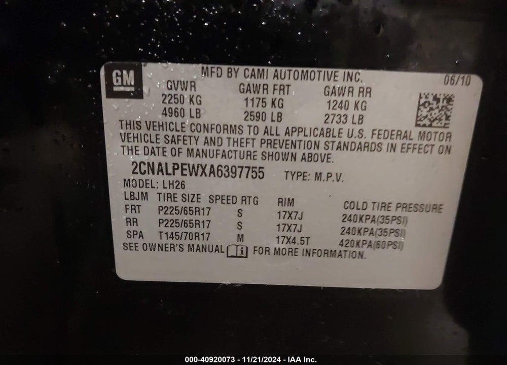 2010 CHEVROLET EQUINOX LT VIN: 2CNALPEWXA6397755