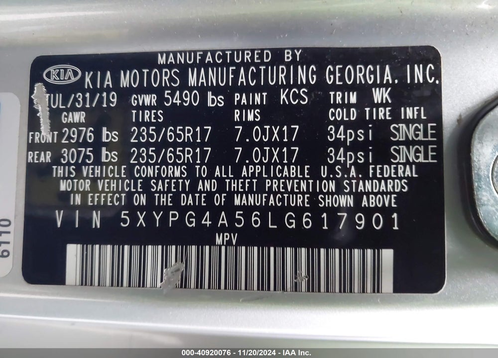 2020 KIA SORENTO 3.3L LX VIN: 5XYPG4A56LG617901