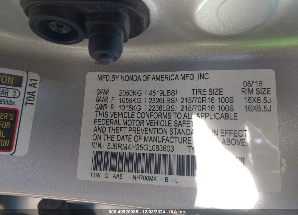 2016 HONDA CR-V LX VIN: 5J6RM4H35GL083803