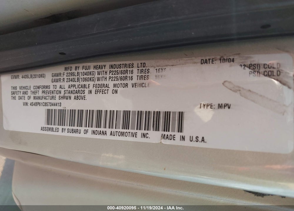 2005 SUBARU OUTBACK 2.5I VIN: 4S4BP61C857344413